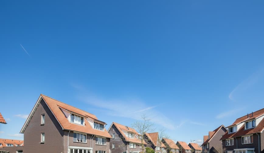 Nederlandse straat met huizen en blauwe lucht